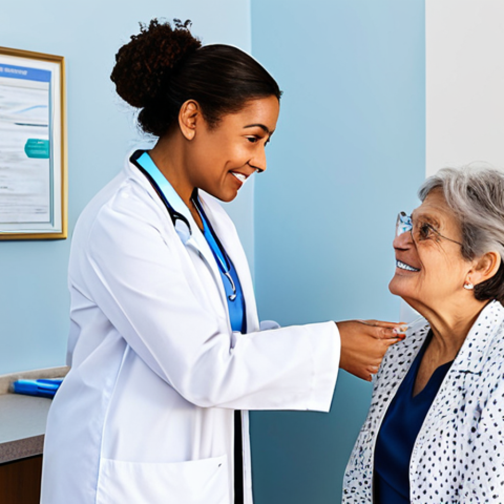 A calm female doctor in a modest, professional lab coat is gently explaining something to a senior woman in appropriate, comfortable everyday clothing in a brightly lit, clean community health clinic reception area. The scene emphasizes convenience and personalized care, with natural pose, perfect anatomy, correct proportions, well-formed hands, and proper finger count. The atmosphere is warm and welcoming, promoting family-friendly, safe for work, and appropriate content. Fully clothed, professional dress, high-quality photography, soft natural light.