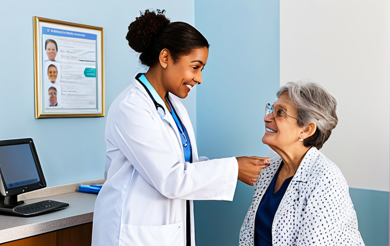 A calm female doctor in a modest, professional lab coat is gently explaining something to a senior woman in appropriate, comfortable everyday clothing in a brightly lit, clean community health clinic reception area. The scene emphasizes convenience and personalized care, with natural pose, perfect anatomy, correct proportions, well-formed hands, and proper finger count. The atmosphere is warm and welcoming, promoting family-friendly, safe for work, and appropriate content. Fully clothed, professional dress, high-quality photography, soft natural light.