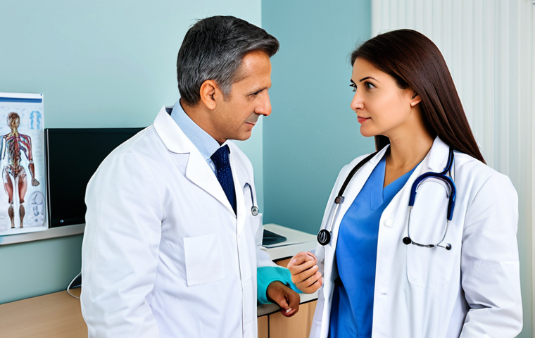 General Internal Medicine Consultation**

"A doctor in a white coat, fully clothed, in a bright and clean examination room, examining a patient who is also fully clothed. The doctor is listening attentively with a stethoscope. The scene conveys a sense of professional care and reassurance. Modern medical equipment visible in the background. Safe for work, appropriate content, professional setting, perfect anatomy, natural proportions, modest clothing."

**