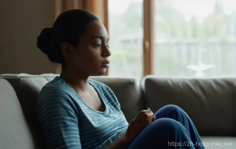 산후 우울증 치료 병원 추천 - **Prompt:** A young mother in her late 20s, with a weary and melancholic expression, sitting alone o...