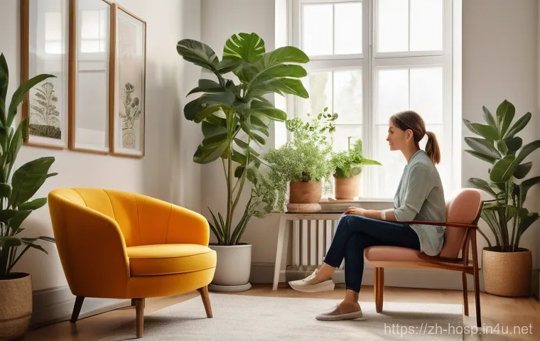 심리상담 클리닉과 정신건강의학과 차이 - **Prompt:** A serene and brightly lit therapy room. A young adult, dressed in comfortable everyday c...