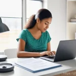 임신 초기 산부인과 방문 준비물 - A pregnant woman in her first trimester, with a warm and organized demeanor, sits at a clean, modern...