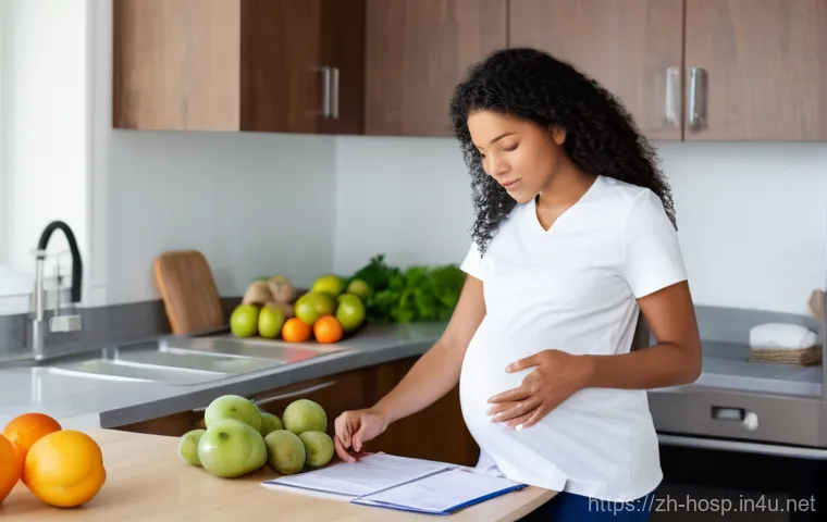 임신 초기 산부인과 방문 준비물 - A gently smiling pregnant woman, dressed in a comfortable, loose maternity dress and practical flat ...