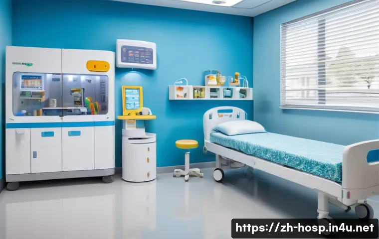 소아천식 치료 병원 비교 - A bright and modern pediatric respiratory hospital interior, featuring advanced medical equipment li...