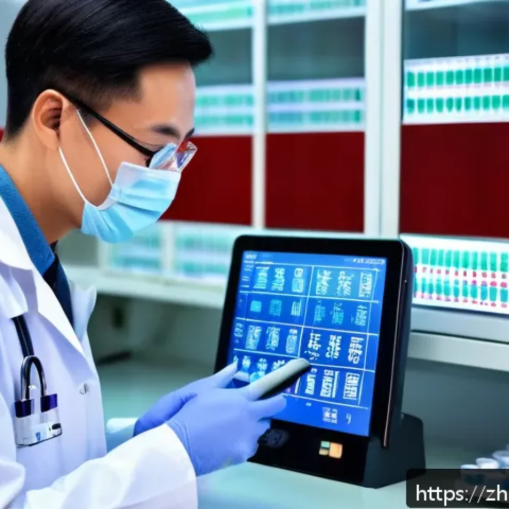소화기 내과 진료 시 필요한 검사 항목 - A modern medical laboratory scene showing a detailed blood test analysis focused on digestive system...