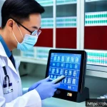 소화기 내과 진료 시 필요한 검사 항목 - A modern medical laboratory scene showing a detailed blood test analysis focused on digestive system...