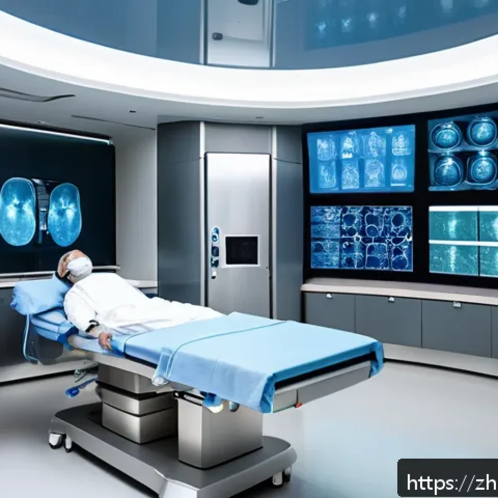 방사선 치료 장비의 최신 기술 - A futuristic radiation therapy room showcasing advanced multi-modal imaging fusion technology: a sle...