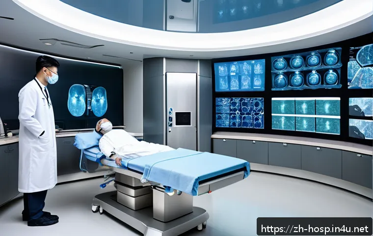 방사선 치료 장비의 최신 기술 - A futuristic radiation therapy room showcasing advanced multi-modal imaging fusion technology: a sle...