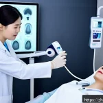 갑상선 초음파 검사와 CT 비교 - A detailed medical scene showing a thyroid ultrasound examination in progress: a professional female...