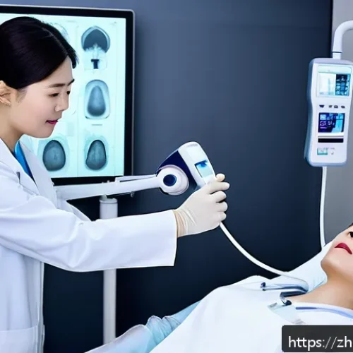 갑상선 초음파 검사와 CT 비교 - A detailed medical scene showing a thyroid ultrasound examination in progress: a professional female...