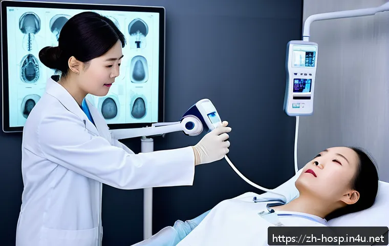 갑상선 초음파 검사와 CT 비교 - A detailed medical scene showing a thyroid ultrasound examination in progress: a professional female...