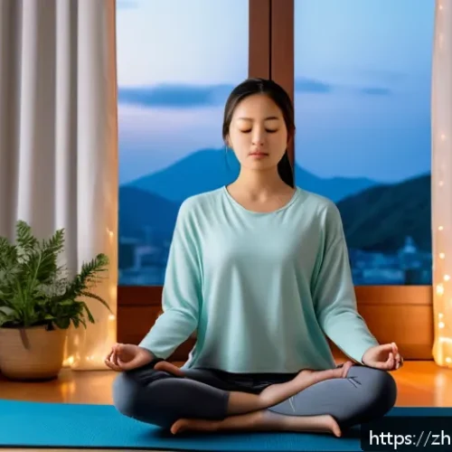 정신건강의학과에서 불안장애 치료법 - A serene modern bedroom scene at dusk with soft ambient lighting, featuring a young adult practicing...