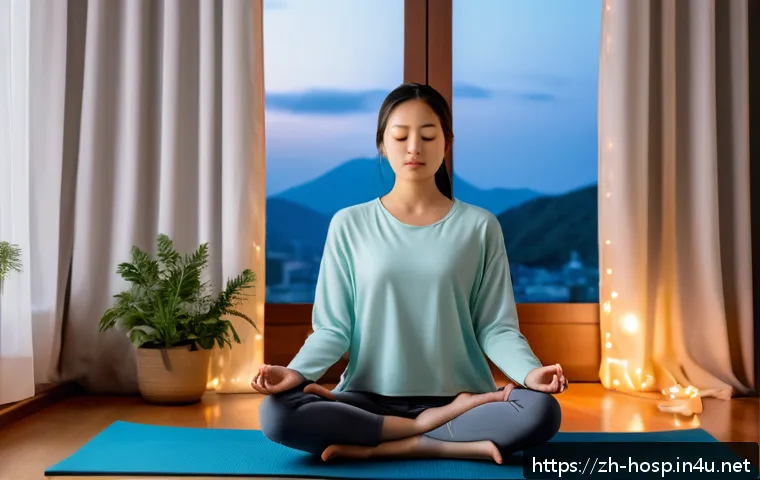 정신건강의학과에서 불안장애 치료법 - A serene modern bedroom scene at dusk with soft ambient lighting, featuring a young adult practicing...