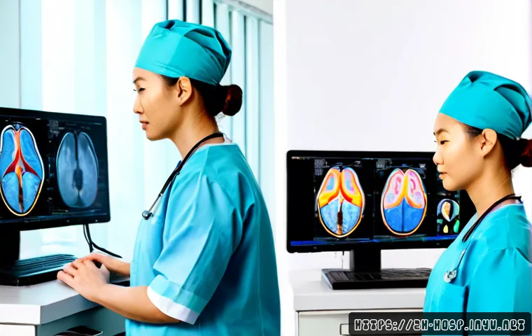 신경과와 신경외과 차이점 - Photorealistic split-scene hospital comparison, left side a neurologist in a white coat calmly revie...